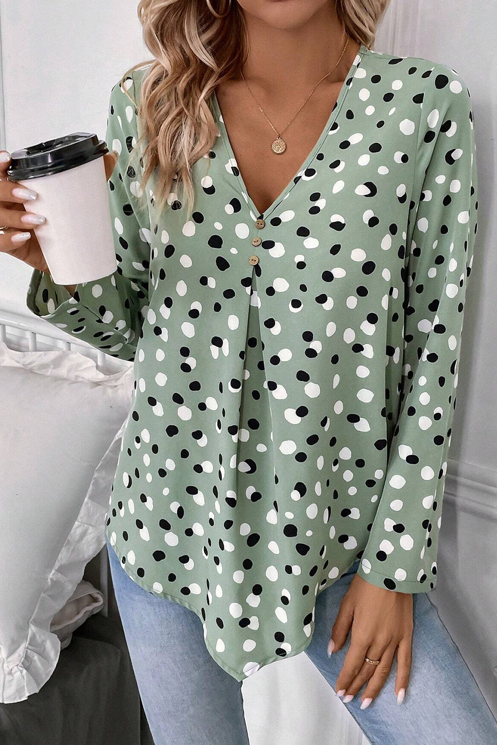 Green Print Mock Neck Blouse main image 1
