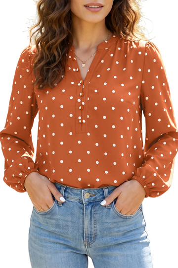 Brown Polka Dot Half Button V Neck Long Sleeve Blouse