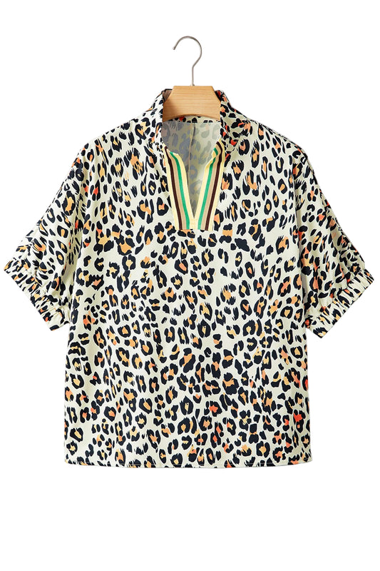 Khaki Leopard Color Block Contrast Striped V Neck Half Sleeve Loose Fit Blouse