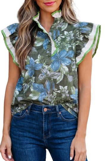 Green Ruffled Short Sleeve Floral Summer Blouse