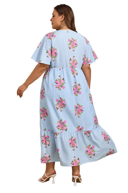 Sky Blue Plus Size Floral Print Scalloped Trim V-Neck Dress