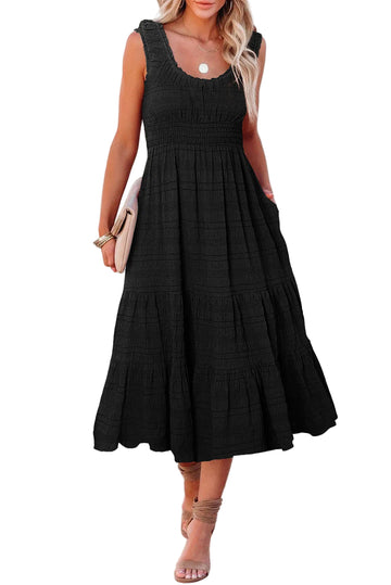 Black Shirred Pleated Square Neck Sleeveless Midi Dress