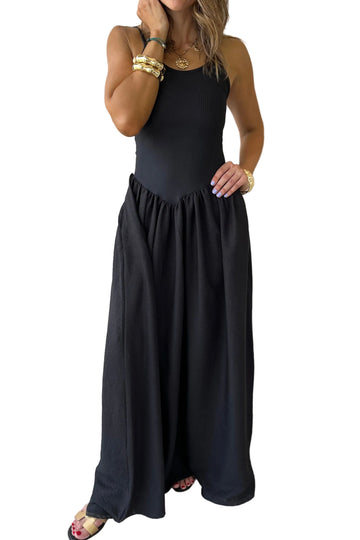 Black Spaghetti Straps Drop Waist Ribbed Patchwork Maxi Dress