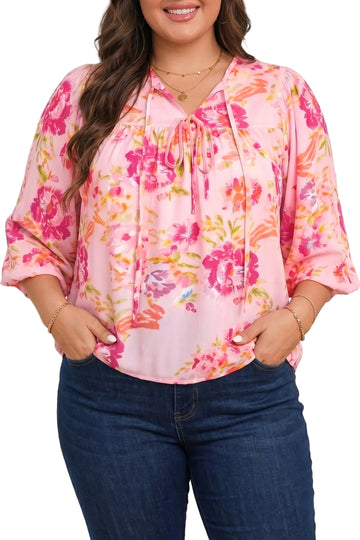 Pink Plus Size Floral Print V Neck Tie Front Short Sleeve Tunic Top