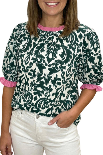 Green Damask Print Ruffled Color Block Detail Half Sleeve Blouse