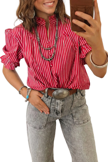 Red Stripe Ruffled Short Puff Sleeve Button Front Blouse