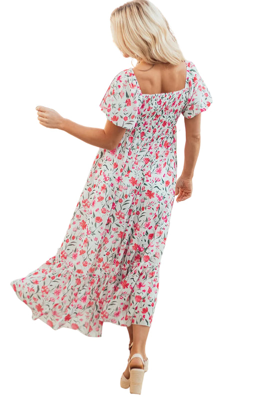 Pink Floral Puff Sleeve Square Neck Empire Waist Tiered Maxi Dress