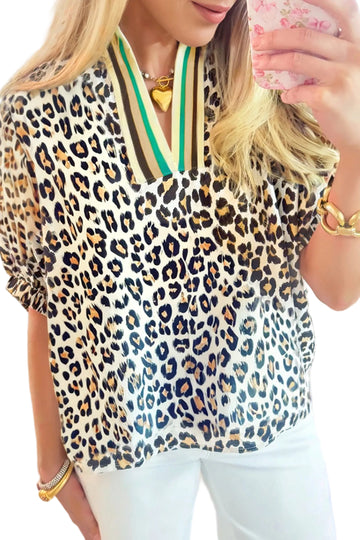 Khaki Leopard Color Block Contrast Striped V Neck Half Sleeve Loose Fit Blouse