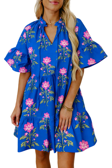 Blue V Neck Short Sleeve Loose Flower Dress