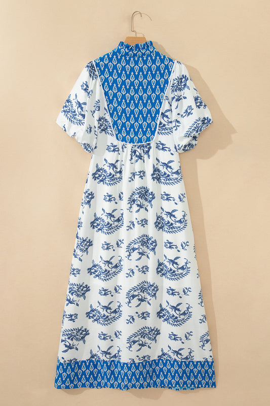 Sky Blue Boho Abstract Print Contrast Trim V Neck Tassel Tie Dress