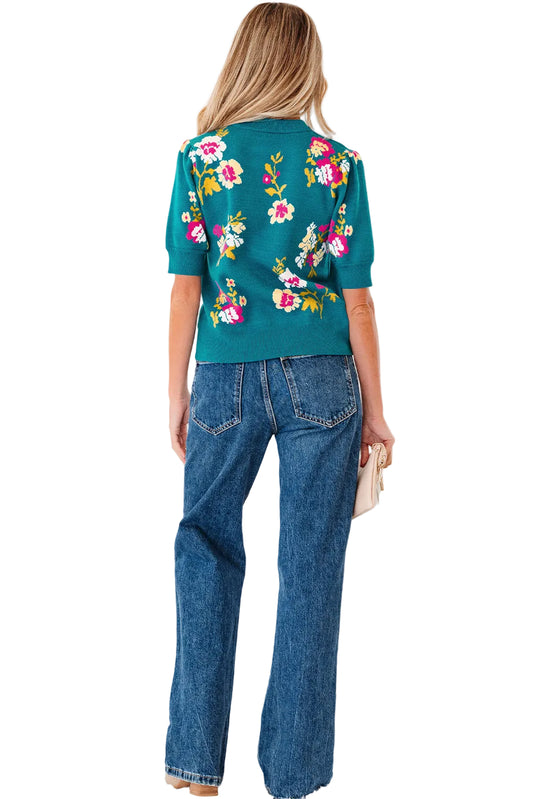 Blue Flower Pattern Mock Neck Short Sleeve Knitted T Shirt