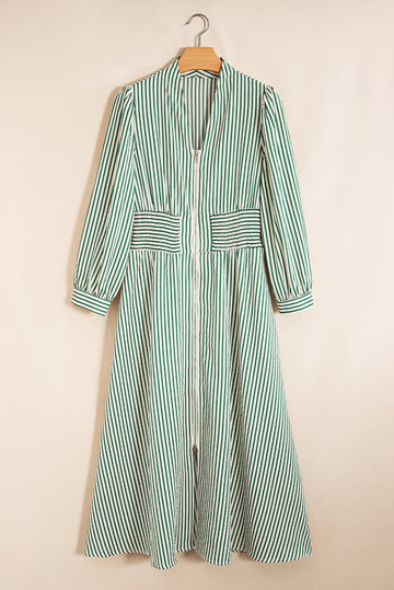 Green Stripe V Neck Zip Front Cinched High Waist Midi Dress