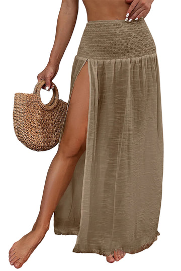 Pale Khaki Shirred High Waist Split Long Beach Skirt
