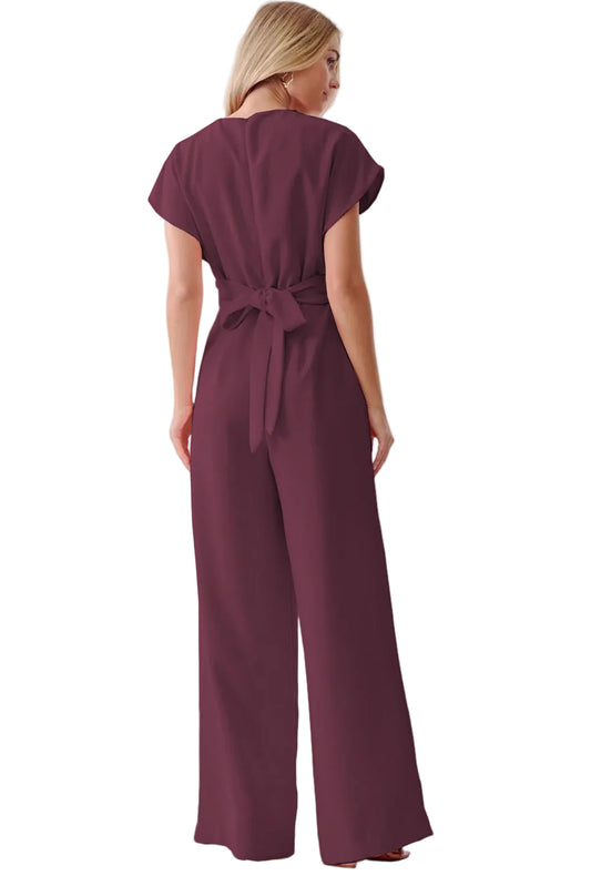 Burgundy Solid Color Cap Sleeve Knot Waist Shift Jumpsuit