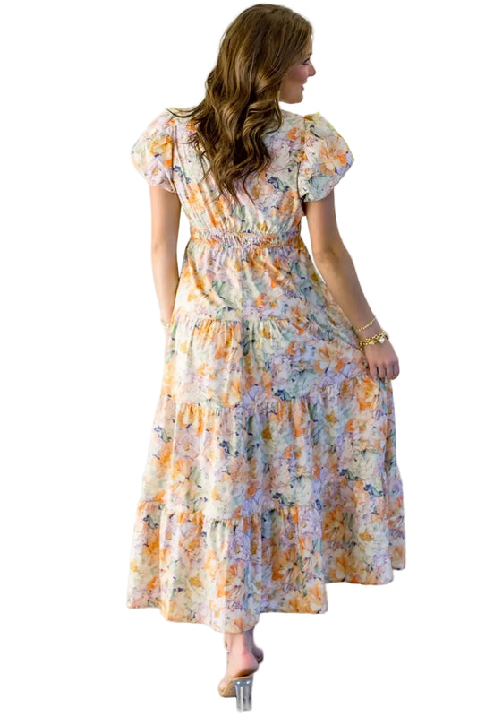 Orange Floral Bubble Sleeve V Neck Flared Maxi Dress