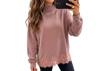 Fushia Solid Color Lace Splicing Hem Mock Neck Pullover Sweatshirt