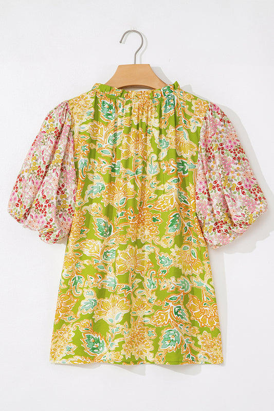 Multicolour Printed Contrast Bubble Sleeve Patchwork Blouse