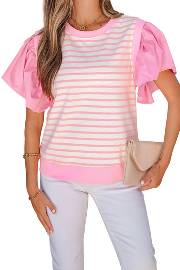 Pink Stripe Ruffled Short Sleeve Patchwork Blouse