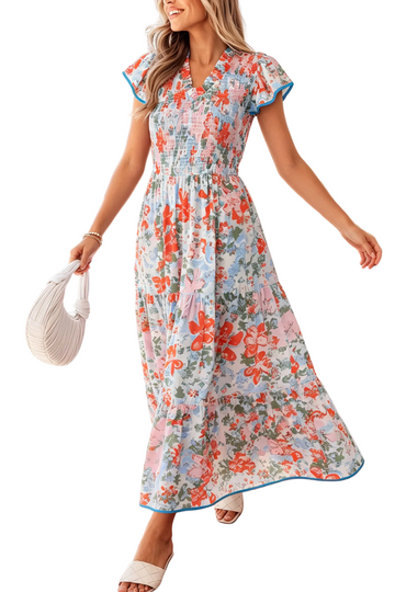 Apricot Floral Print V Neck Contrast Trim Flutter Sleeve Long Dress