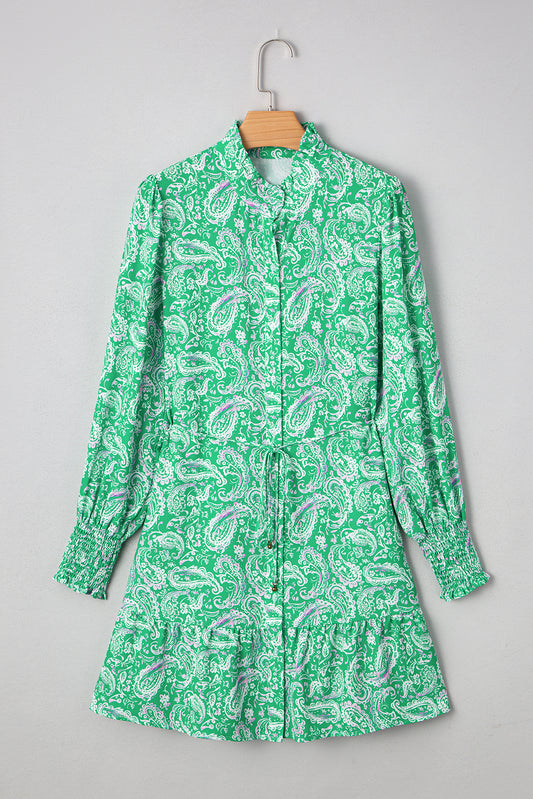 Green Paisley Print Long Sleeve Button Front Tied Waist Mini Dress