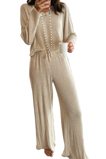 Jet Stream 3D Ribbed V Neck Pullover Drawstring Pants 2 Piece Lounge Set