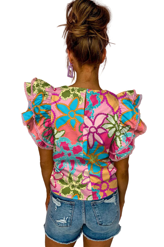 Multicolor Vibrant Floral Print Trimmed Ruffle Sleeve Blouse