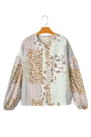Multicolor Floral Patchwork Print Long Puff Sleeve Shirt