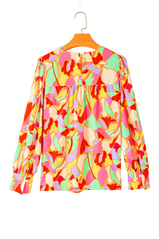 Yellow Abstract Print Puff Sleeve Blouse