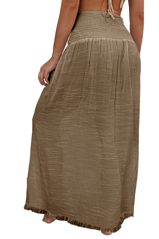 Pale Khaki Shirred High Waist Split Long Beach Skirt