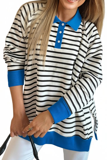 Black Stripe Color Block Patchwork Button Polo Collar Side Slit Sweatshirt