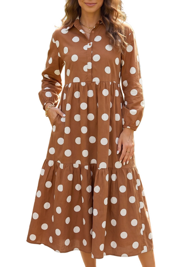 Brown Polka Dot Button Front Long Sleeve Shift Dress