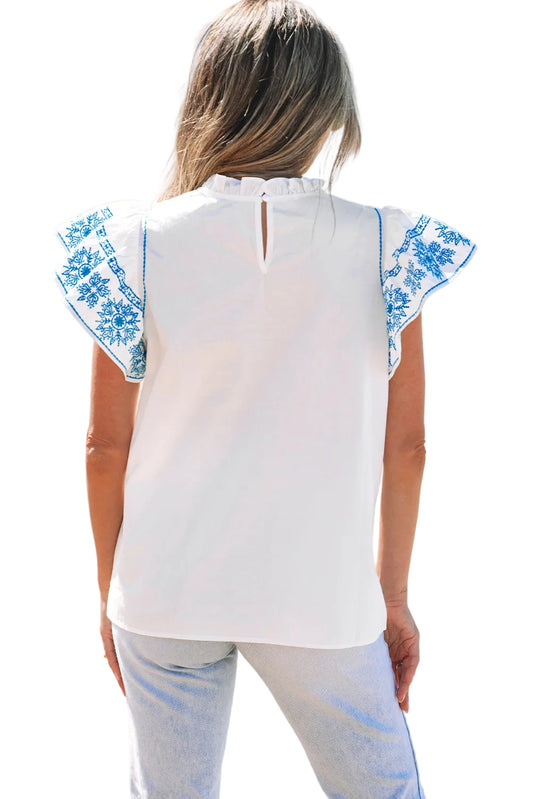 White Embroidered Ruffled Sleeve Frilled Collar Blouse