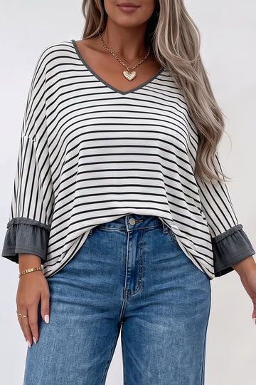 Gray Stripe Ruffled Bracelet Sleeve V Neck Plus Size Top