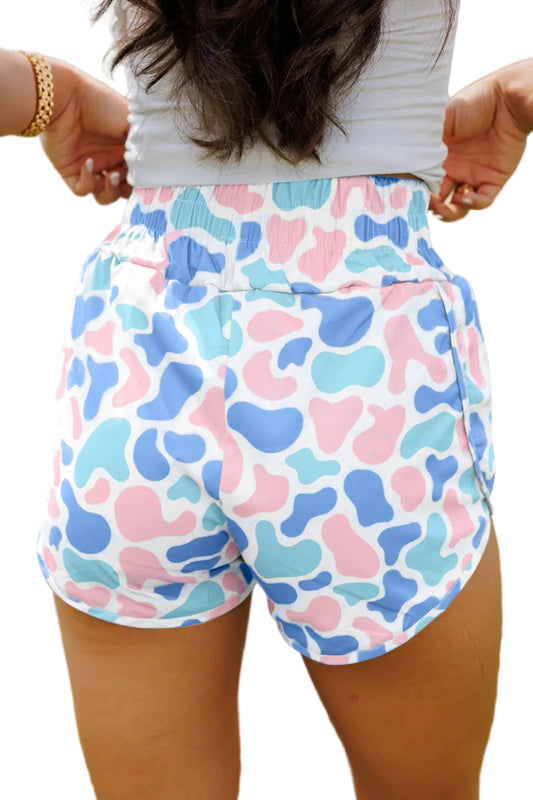 Sky Blue Camouflage Print Shirred High Waist Athleisure Shorts