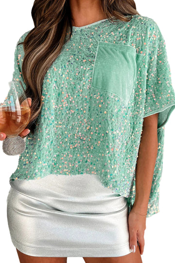 Moonlight Jade Sequin Batwing Sleeve V Neck Velvet Blouse