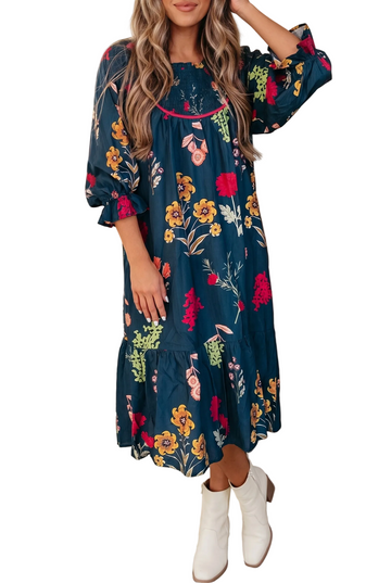 Blue Floral Print Gathered Neckline 7/8 Sleeve Casual Midi Dress