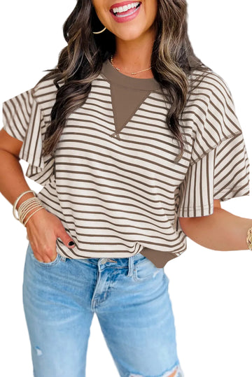 Parchment Contrast Detail Striped Ruffle Short Sleeve Top