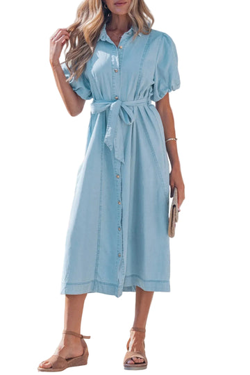 Beau Blue Full Buttons Collared Short Bubble Sleeve Long Denim Dress