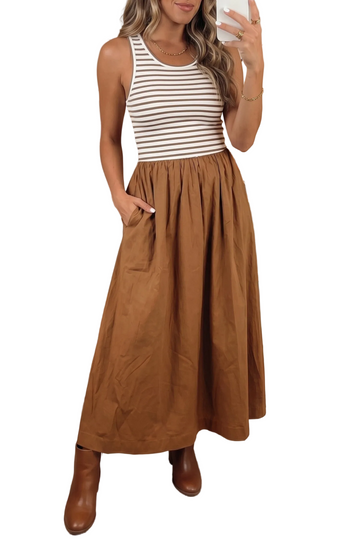 Chestnut Striped Colorblock Patchwork Sleeveless Casual Long Dress