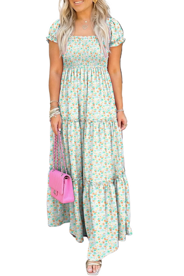 Green Floral Short Bubble Sleeve Shirred High Waist Maxi Dress