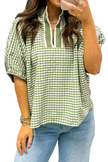Green Plaid Short Sleeve Colorblock Trim Split Neck Blouse