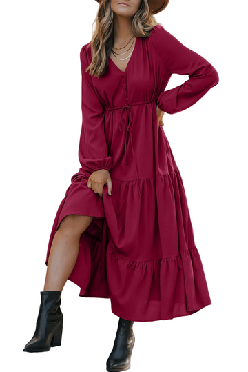 Burgundy Solid Long Sleeve Button V Neck Tiered Maxi Dress