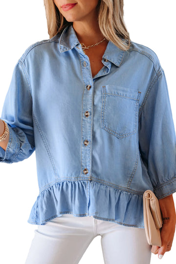 Beau Blue Half Sleeve Button Down Ruffled High Low Chambray Shirt