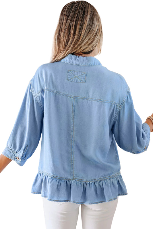 Beau Blue Half Sleeve Button Down Ruffled High Low Chambray Shirt
