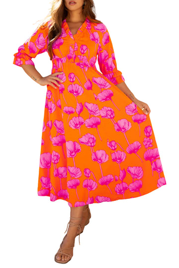 Orange Floral Print Frilly Smocked V Neck 3/4 Sleeve Long Dress