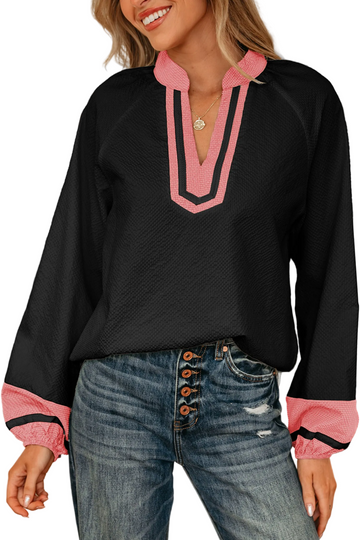 Black Color Block Patchwork Detail V Neck Textured Long Sleeve Blouse