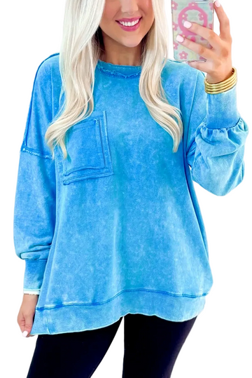 Blue Mineral Wash Raw Seam Double Patched Pocket Pullover Sweatshirt
