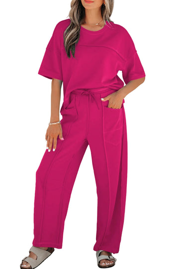 Rose Red Drop Shoulder Boxy Tee and Barrel Pants Set