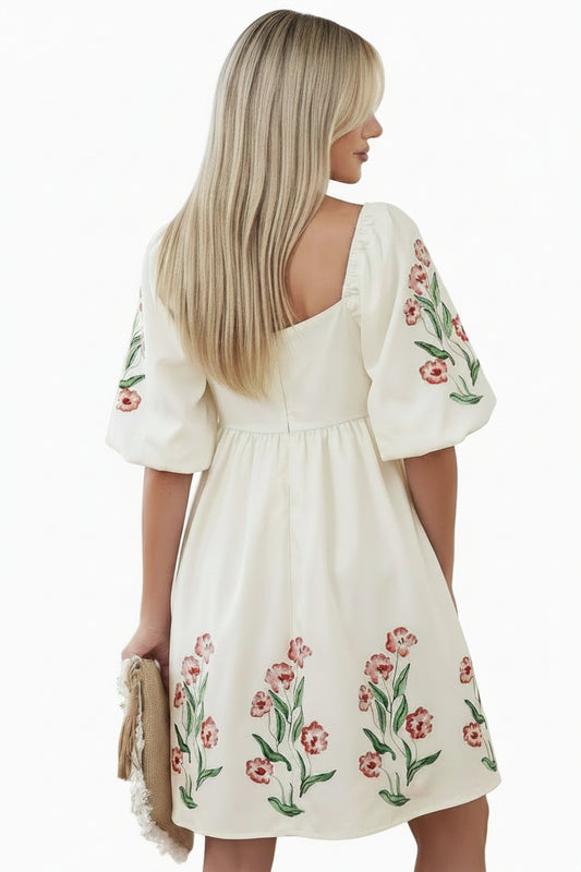 Beige Floral Print Puff Sleeve Babydoll Dress