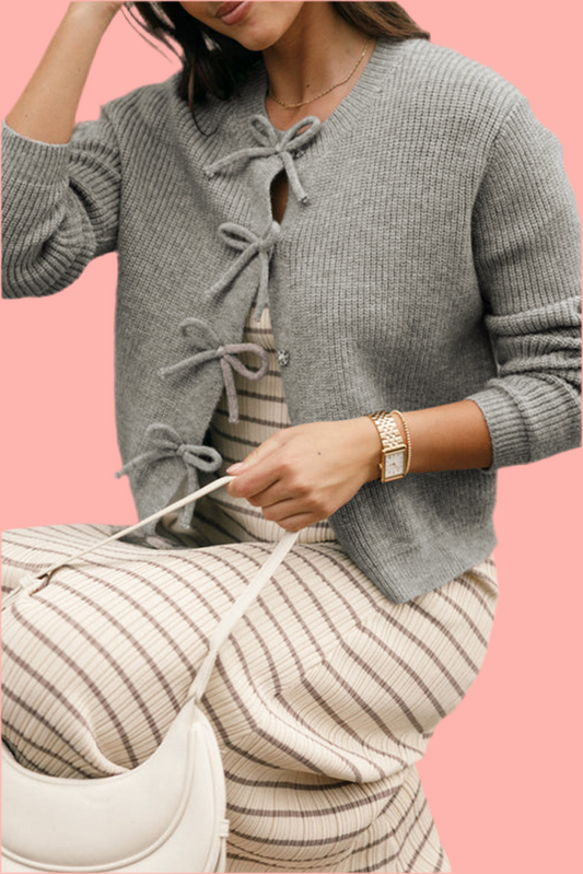 Philippine Gray Ribbed Knit Bow Front Buttoned Cardigan